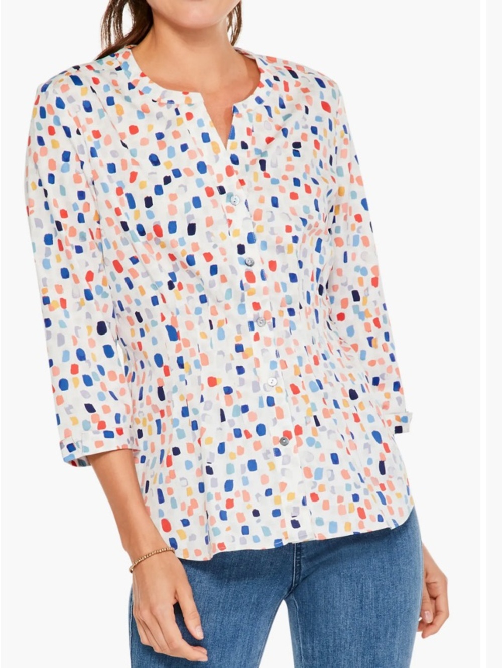 NIC+ZOE Seaglass Print Pintuck Button Front Shirt XXL Multicolor Cotton